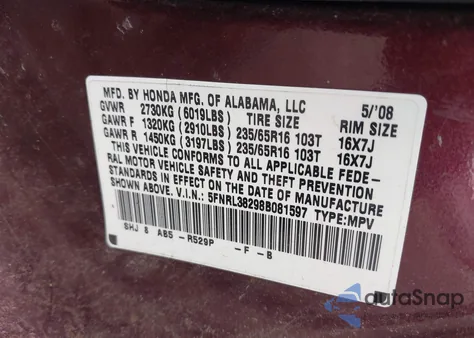 2008 Honda Odyssey Lx z USA, uszkodzony, nr VIN 5FNRL38298B081597